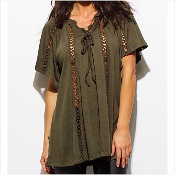 Olive Relaxed Boho Flutter Sleeve Tunic Top S/M - Picture 3 of 7